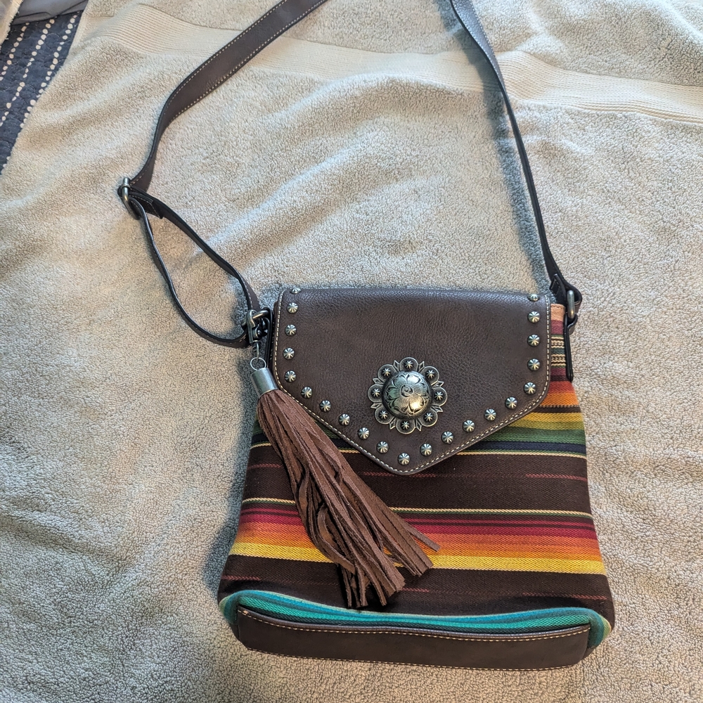 Blazin Roxx Brown and Red Crossbody Bag with Fringe and Studs